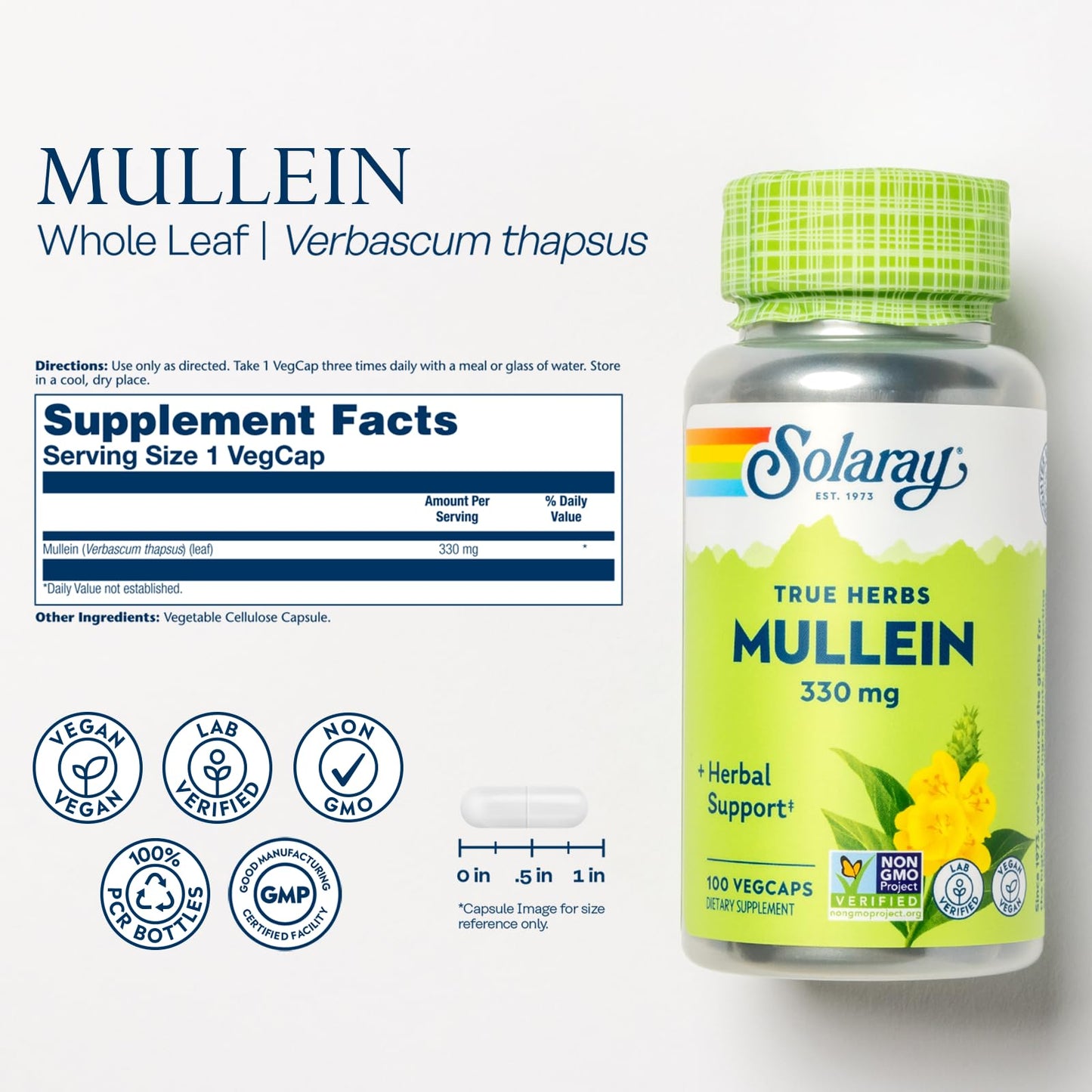 Solaray Mullein Leaves Capsules, 330 mg, 100 Count