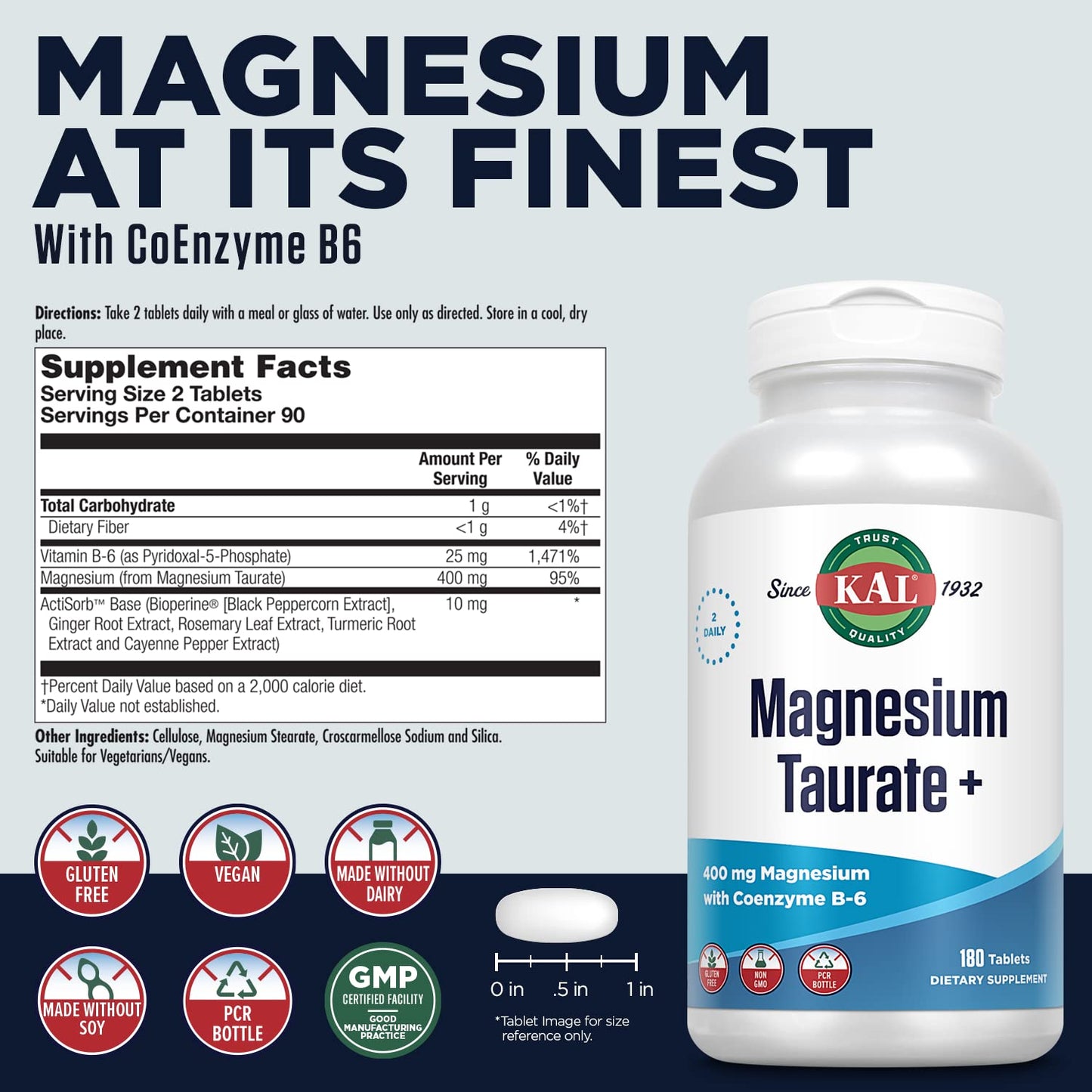 KAL, Magnesium Taurate +, 400 mg, 180 Tablets,KAL, Magnesium Taurate +, 400 mg, 180 Tablets