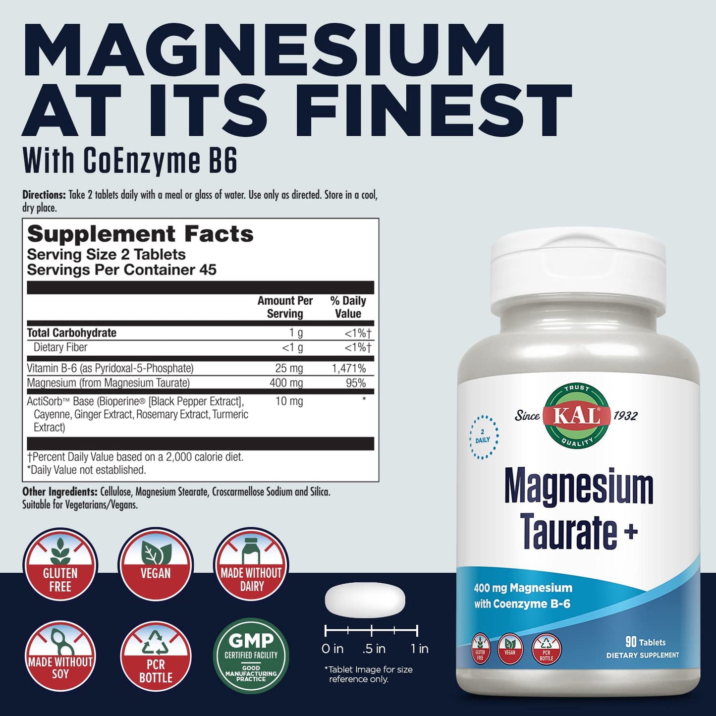 KAL® Magnesium Taurate Plus 400mg w/ Coenzyme B6 90 Tabs
