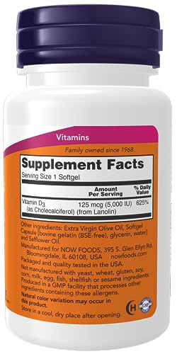NOW Foods Supplements, Vitamin D-3 5,000 IU, High Potency, Structural Support, 240 Softgels
