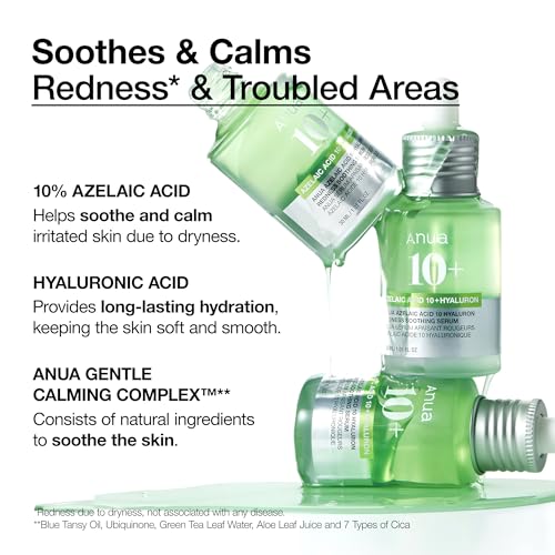 Anua Azelaic Acid 10 Hyaluron Redness Soothing Serum, Facial Serum for Sensitive skin, Hyaluronic Acid, Niacinamide, Spot Care, Natural Color, Vegan, Korean Skincare (30ml/ 1.01 fl oz.)