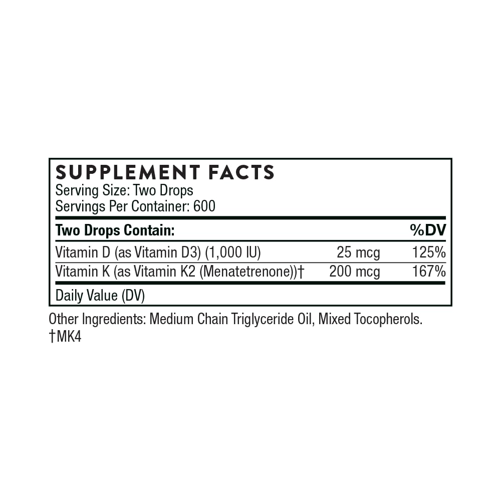 Thorne Research - Vitamin D/K2 Liquid (Metered Dispenser) - Dietary Supplement with Vitamins D3 and K2-1 Fluid Ounce (30 ml)