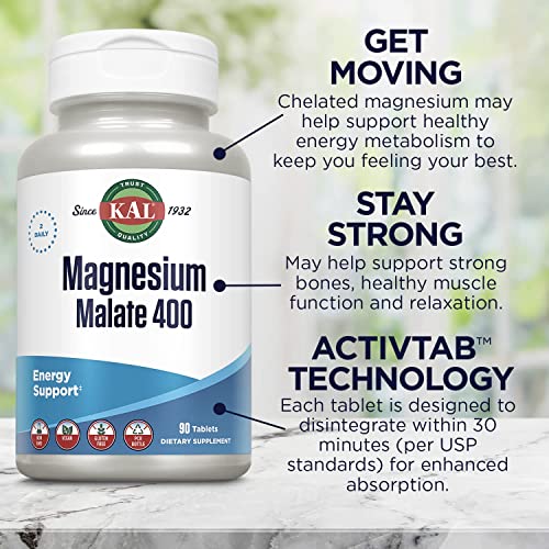 KAL® Magnesium Malate 400 | Chelated with Malic Acid for Energy Production | Supports Healthy Muscle Function | 90 Vegetarian Tablets