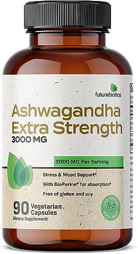 Futurebiotics Ashwagandha Capsules Extra Strength 3000mg - Stress Relief Formula, Natural Mood Support, Stress, Focus, and Energy Support Supplement