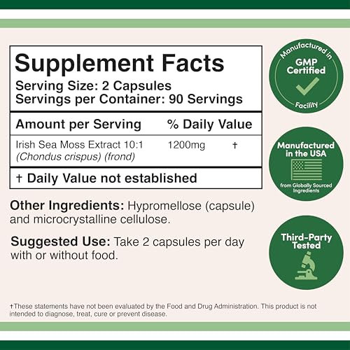 Irish Sea Moss Capsules, Ultra High Purity Potent Extract (180 Count, 1,200mg per Serving) (from Wildcrafted and Raw Chondrus Crispus) by Double Wood Supplements