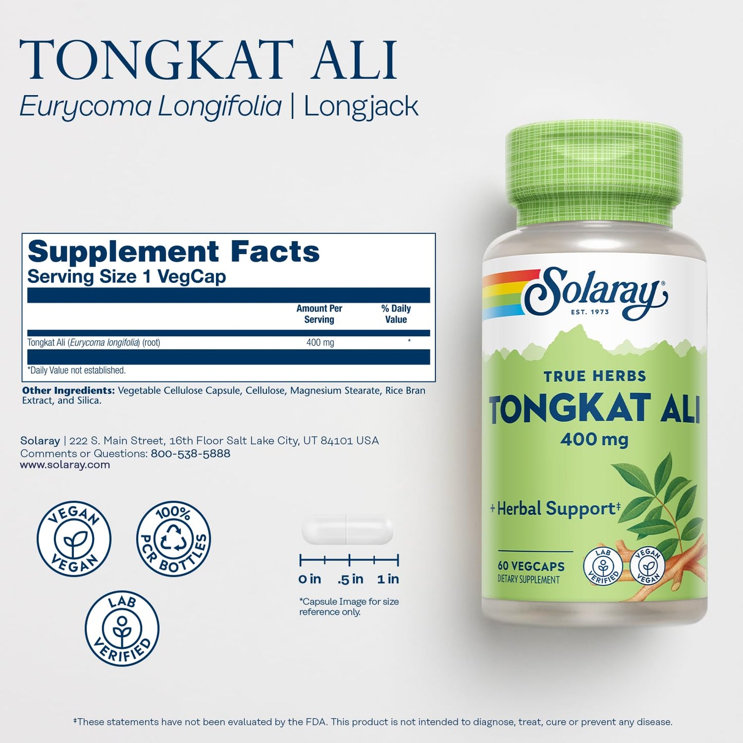 Solaray Tongkat Ali Root 400 mg VCapsules, 60 Count