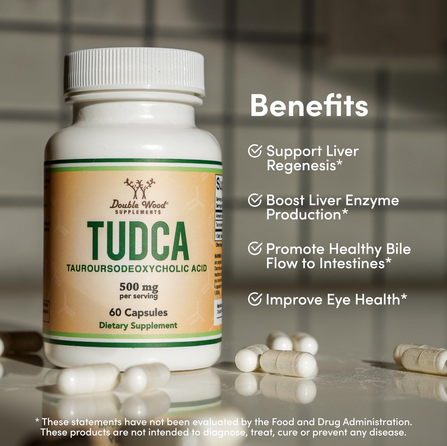 TUDCA Bile Salts Liver Support Supplement, 500mg Servings, Liver and Gallbladder Cleanse Supplement (60 Capsules, 250mg) Genuine Bile Acid TUDCA with Strong Bitter Taste by Double Wood