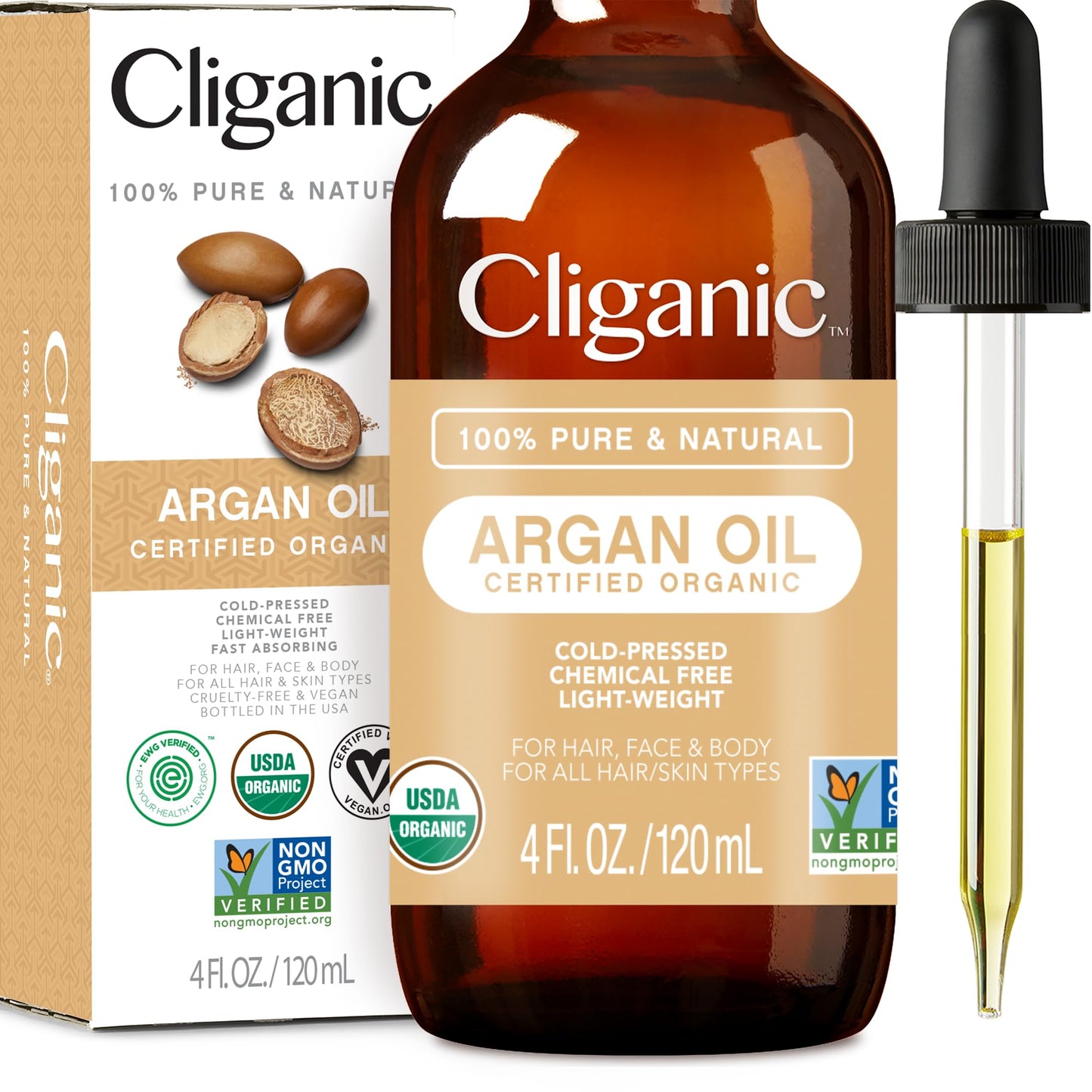 Cliganic Organic Argan Oil 100% Pure 120 ml Moroccan Argan Oil for Hair, Face and Skin Natural Cold-Pressed Carrier Oil